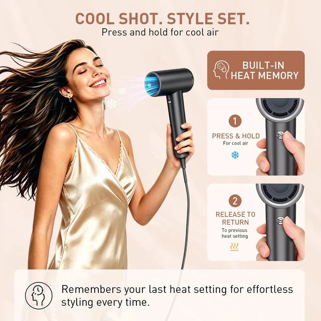 Alt view image 3 of 5 - Mythsight High-Speed Ionic Hair Dryer with 3 Attachments | 500 Million Negative Ions, Magnetic Diffuser & Nozzle, Comb, 4 Heat Modes, Fast Drying, Frizz Control for All Hair Types