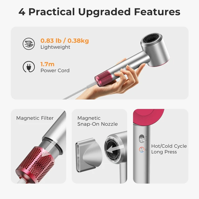 Alt view image 7 of 7 - Hair Dryer, High Speed Ionic Blow Dryer, Concentrator, Metallic Silver | 1600W, 110000 RPM, 200M Ions, 4 Modes & 2 Speeds, Low Noise, Anti-Fizz, Heat Protection, Women/Home.