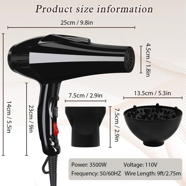Alt view image 3 of 7 - Hair Dryer, 3500w Professional Salon Blow Dryer for Fast Drying | Powerful Ionic Hair Dryer, High Speed Blow Dryer with Concentrator & Diffuser for Home Salon Use