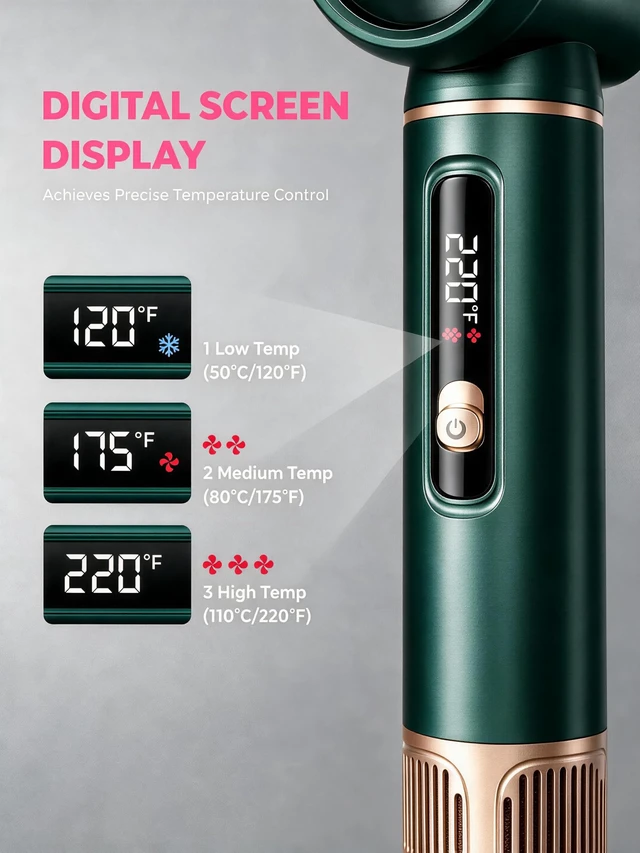 Alt view image 7 of 7 - 5 in 1 Hair Dryer Brush and Air Styler with LCD Screen, 122°F-230°F Precision Heat, Green, ALCI Safety Plug, 5 in 1 Hair Styler