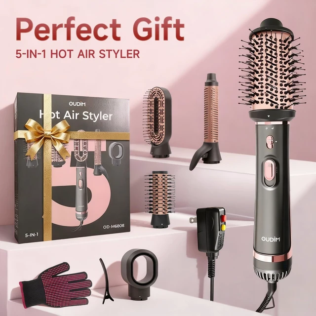 Alt view image 2 of 7 - 5-in-1 Hot Air Styler & Hair Dryer Brush, 1200W Ionic Multi-Styler for Fast Drying, Smooth Blowouts, Volumizing & Curling, 5 Attachments, 3 Heat Settings, Black/Rose Gold