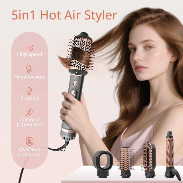 Alt view image 4 of 7 - 5-in-1 Hot Air Styler & Hair Dryer Brush, 1200W Ionic Multi-Styler for Fast Drying, Smooth Blowouts, Volumizing & Curling, 5 Attachments, 3 Heat Settings, Black/Rose Gold