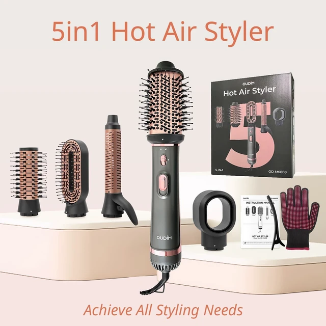 Alt view image 3 of 7 - 5-in-1 Hot Air Styler & Hair Dryer Brush, 1200W Ionic Multi-Styler for Fast Drying, Smooth Blowouts, Volumizing & Curling, 5 Attachments, 3 Heat Settings, Black/Rose Gold