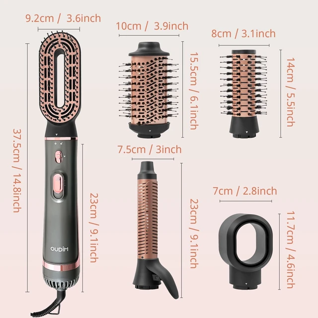 Alt view image 7 of 7 - 5-in-1 Hot Air Styler & Hair Dryer Brush, 1200W Ionic Multi-Styler for Fast Drying, Smooth Blowouts, Volumizing & Curling, 5 Attachments, 3 Heat Settings, Black/Rose Gold