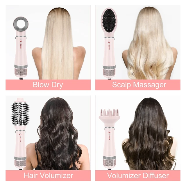 Alt view image 2 of 7 - 4 in 1 Blowout Hair Dryer Brush Set - Negative Ion Detachable Hair Dryer, Volumizer Styler with 2 Brush Heads, Pink