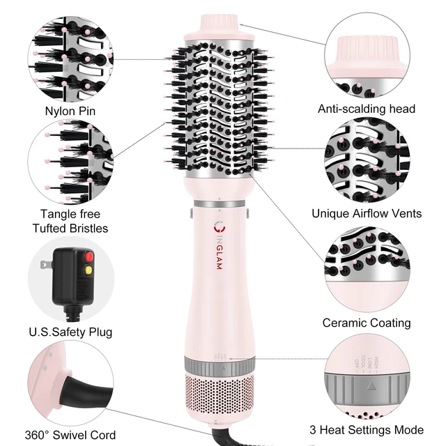 Alt view image 7 of 7 - 4 in 1 Blowout Hair Dryer Brush Set - Negative Ion Detachable Hair Dryer, Volumizer Styler with 2 Brush Heads, Pink