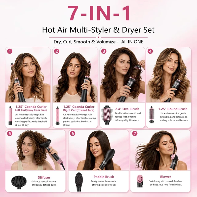 Alt view image 5 of 7 - 7-in-1 Air Styler Auto Wrap Curlers, Hair Dryer Brush w/Diffuser | Multi Styler Brush Blow Dryer, Thermal Brush & Paddle Brush for Fast Drying, Curls, Volumizing, Frizz-free & Smooth Blowouts