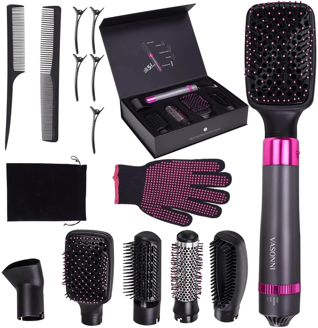 Main image of 5 in 1 Hair Dryer Brush, Negative Ion Electric Hot Air Blow Dryer Brush Comb (black-red)