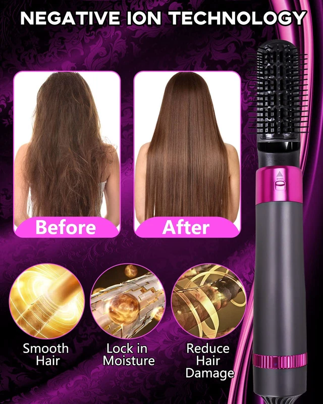 Alt view image 3 of 6 - 5 in 1 Hair Dryer Brush, Negative Ion Electric Hot Air Blow Dryer Brush Comb (black-red)