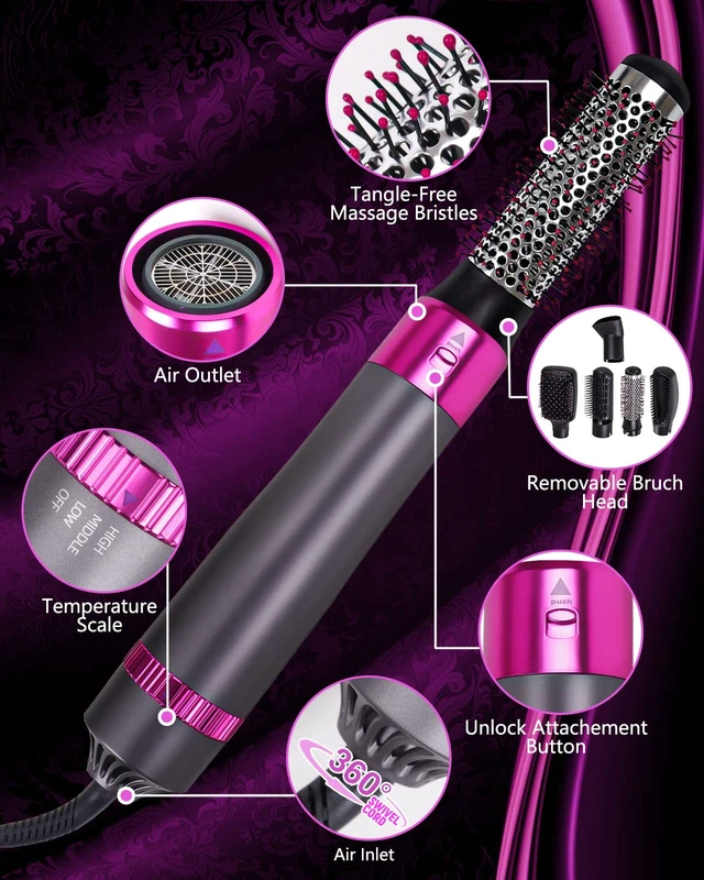 Alt view image 5 of 6 - 5 in 1 Hair Dryer Brush, Negative Ion Electric Hot Air Blow Dryer Brush Comb (black-red)