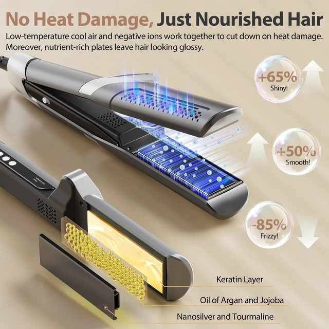 Alt view image 4 of 7 - Hair Air Straightener, 100-240V Dual Voltage Wet to Dry Straightener | Air Straight with High-Speed Airflow 5 Temps, 2-in-1 Flat Iron and Hair Blow Dryer Straightener, Less Heat Damage, Black Grey