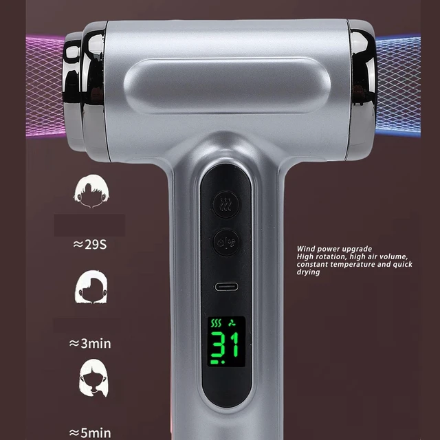 Alt view image 3 of 7 - Cordless Hair Dryer for Travel, Portable Blow Dryer Fast Drying, 200W, 15600mAh USB Rechargeable, USB C Charging, Hot/Cool Wind, with Nozzle, for Camping Dorm Home Use