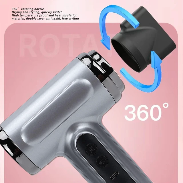 Alt view image 4 of 7 - Cordless Hair Dryer for Travel, Portable Blow Dryer Fast Drying, 200W, 15600mAh USB Rechargeable, USB C Charging, Hot/Cool Wind, with Nozzle, for Camping Dorm Home Use