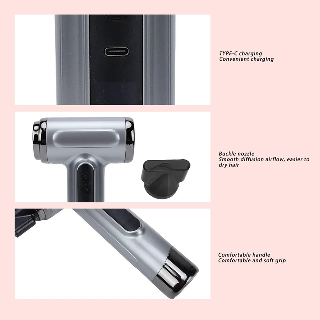 Alt view image 6 of 7 - Cordless Hair Dryer for Travel, Portable Blow Dryer Fast Drying, 200W, 15600mAh USB Rechargeable, USB C Charging, Hot/Cool Wind, with Nozzle, for Camping Dorm Home Use