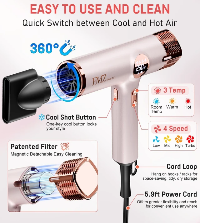 Alt view image 4 of 7 - Ionic Hair Dryer with Diffuser, 1875W High-Speed LED Display Blow Dryer | Ionic Blow Dryer with Diffuser for Women, Fast Drying, Quiet Low Noise, Lightweight, Frizz-Free for Home Travel