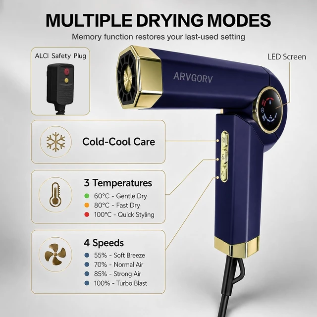 Alt view image 4 of 7 - Travel Hair Dryer, Foldable Ionic Blow Dryer for Fast Drying | Portable Lightweight Compact Hair Dryer with Magnetic Nozzle, 110,000 RPM Brushless Motor, LED Display 100-120V