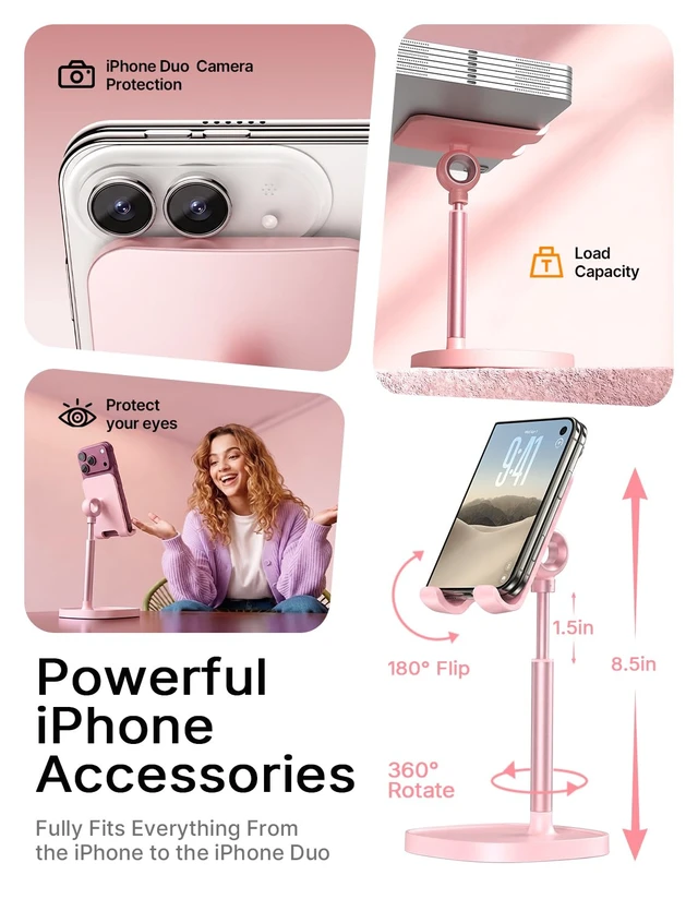 Alt view image 3 of 7 - Cell Phone Stand iPhone Holder for Desk, Pink Gifts for Women Girls | iPhone Duo Stand Desk Accessories for Women Office Cute, Vanity Decor Pink Gifts Girls, Kawaii Bathroom Dorm Room Essentials