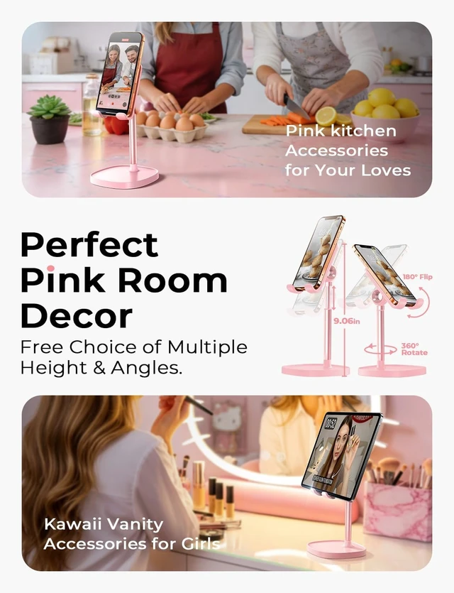 Alt view image 2 of 7 - Cell Phone Stand iPhone Holder for Desk, Pink Gifts for Women Girls | iPhone Duo Stand Desk Accessories for Women Office Cute, Vanity Decor Pink Gifts Girls, Kawaii Bathroom Dorm Room Essentials
