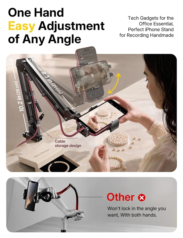 Alt view image 2 of 7 - Cell Phone Holder for Bed Desk, Overhead Phone Mount iPhone Recording | Magic Arm, Gooseneck Phone Holder for Desk, Cell Phone Stand for Desk, Tech Gadgets iPhone 18 Gaming Accessories Gifts