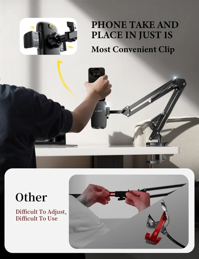 Alt view image 4 of 7 - Cell Phone Holder for Bed Desk, Overhead Phone Mount iPhone Recording | Magic Arm, Gooseneck Phone Holder for Desk, Cell Phone Stand for Desk, Tech Gadgets iPhone 18 Gaming Accessories Gifts