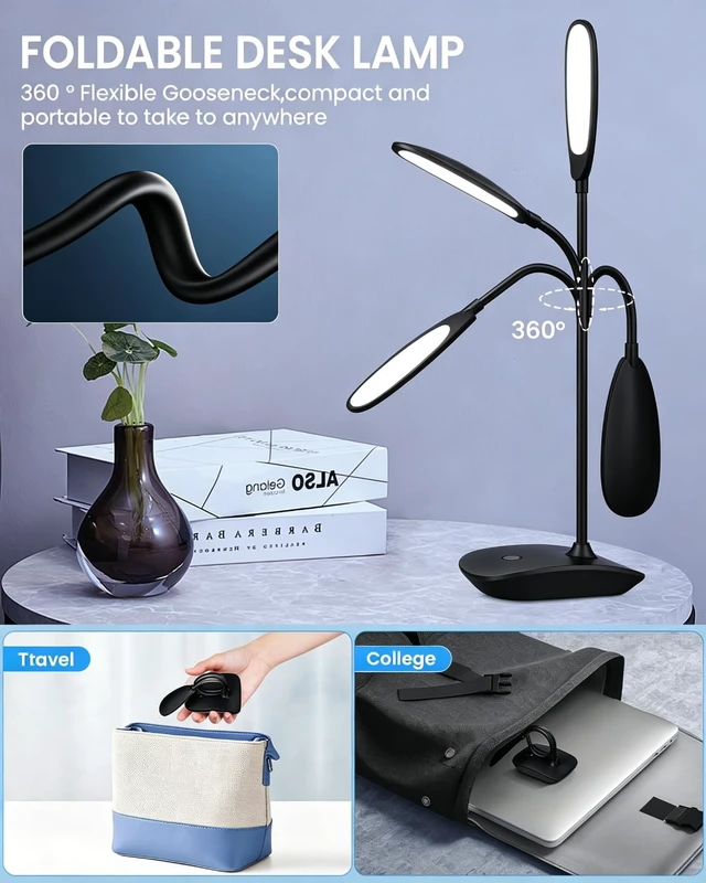 Alt view image 3 of 7 - LED Desk Lamp Battery Powered Lamp Cordless Rechargeable Table Lamp, Flexible Portable Bettery Operated Desk Light for Dorm Home Office Craft Study, Eye-Caring Wireless Book Lamp for Reading