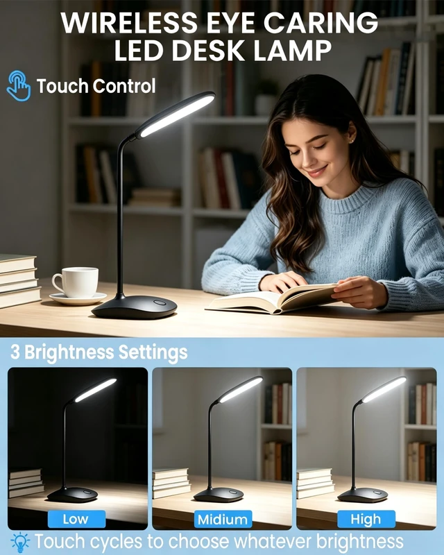 Alt view image 2 of 7 - LED Desk Lamp Battery Powered Lamp Cordless Rechargeable Table Lamp, Flexible Portable Bettery Operated Desk Light for Dorm Home Office Craft Study, Eye-Caring Wireless Book Lamp for Reading