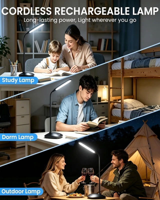 Alt view image 4 of 7 - LED Desk Lamp Battery Powered Lamp Cordless Rechargeable Table Lamp, Flexible Portable Bettery Operated Desk Light for Dorm Home Office Craft Study, Eye-Caring Wireless Book Lamp for Reading