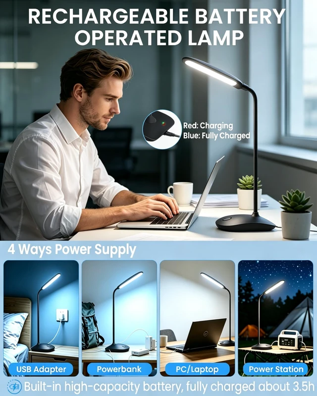 Alt view image 5 of 7 - LED Desk Lamp Battery Powered Lamp Cordless Rechargeable Table Lamp, Flexible Portable Bettery Operated Desk Light for Dorm Home Office Craft Study, Eye-Caring Wireless Book Lamp for Reading