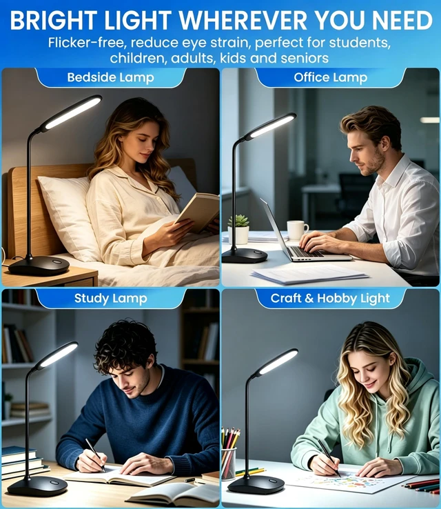 Alt view image 6 of 7 - LED Desk Lamp Battery Powered Lamp Cordless Rechargeable Table Lamp, Flexible Portable Bettery Operated Desk Light for Dorm Home Office Craft Study, Eye-Caring Wireless Book Lamp for Reading