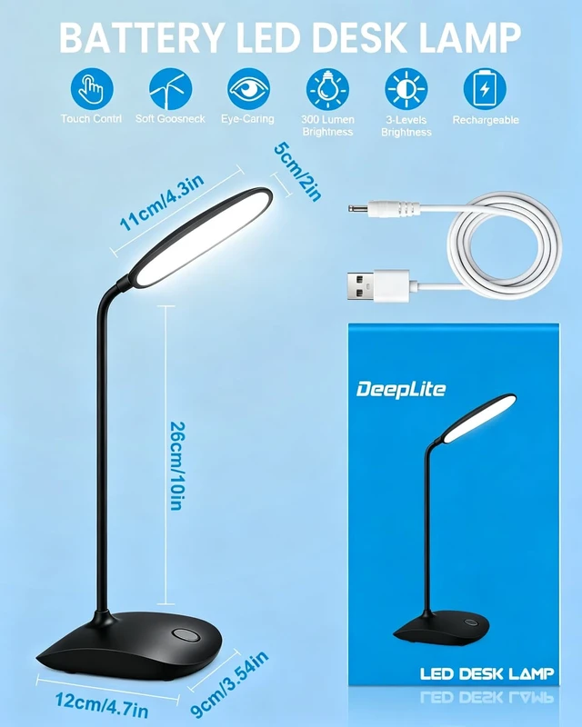 Alt view image 7 of 7 - LED Desk Lamp Battery Powered Lamp Cordless Rechargeable Table Lamp, Flexible Portable Bettery Operated Desk Light for Dorm Home Office Craft Study, Eye-Caring Wireless Book Lamp for Reading