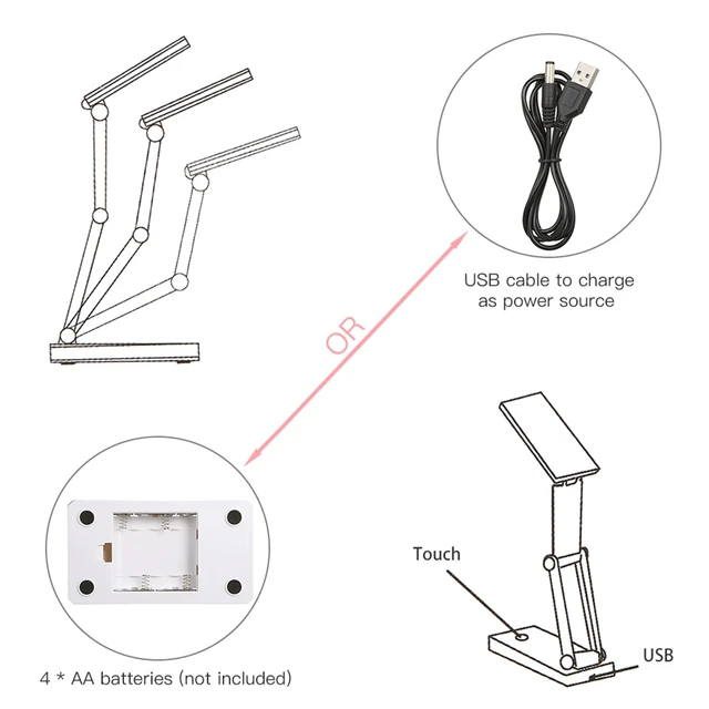 Alt view image 4 of 7 - Foldable LED Desk Lamp Portable LED Table Lamp Folding Light Sensitive Touch Control 2 Levels Adjustable Brightness Battery and USB Powered for Travel Studing Home Office School(2 Packs)