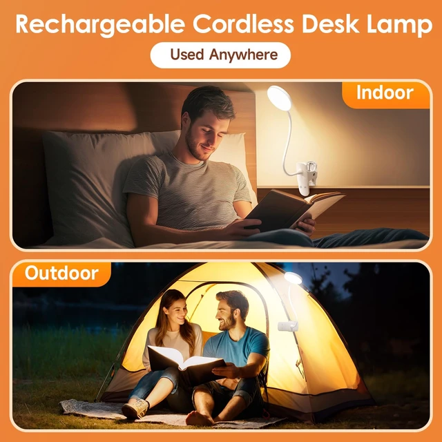 Alt view image 6 of 7 - Desk Light,3600mAh Battery Operated Light,5 Brightness+5 Color Clip on Reading Lamp,400LM 36 LED Desk Lamp with Clamp,Rechargeable Lamps Cordless Lamps, Reading Lights for Books in Bed,Table