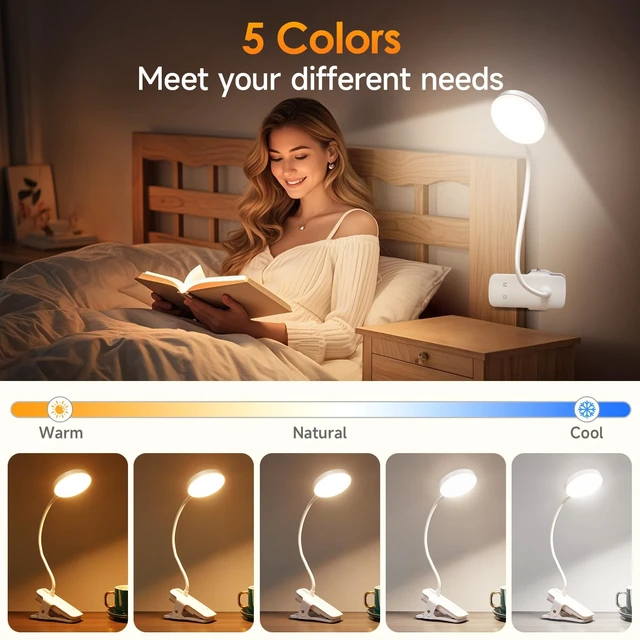 Alt view image 3 of 7 - Desk Light,3600mAh Battery Operated Light,5 Brightness+5 Color Clip on Reading Lamp,400LM 36 LED Desk Lamp with Clamp,Rechargeable Lamps Cordless Lamps, Reading Lights for Books in Bed,Table
