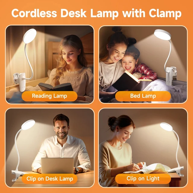 Alt view image 7 of 7 - Desk Light,3600mAh Battery Operated Light,5 Brightness+5 Color Clip on Reading Lamp,400LM 36 LED Desk Lamp with Clamp,Rechargeable Lamps Cordless Lamps, Reading Lights for Books in Bed,Table