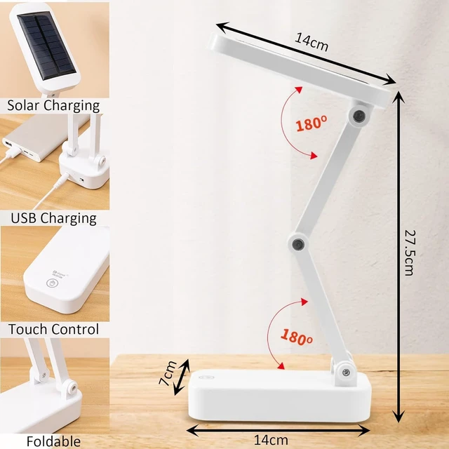 Alt view image 7 of 7 - Solar Foldable Desk Lamp, Portable Dimmable LED Reading Lamp with Solar & USB Charging Port for Student Bedside Night Light Cordless Table lamp for Office, Bedroom, Travel, Emergency (White)