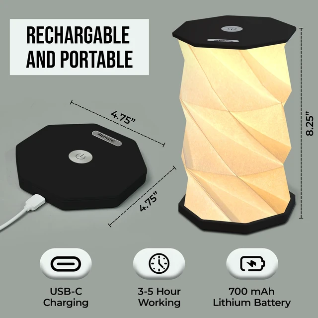 Alt view image 4 of 7 - Origami Expanding Foldable LED Desk Lamp USB Rechargeable & Portable - Dimmable Touch Control Light with Adjustable Height up to 8.25" for Office, Travel, Bedside - Sleek & Modern Design (Black)