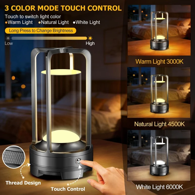Alt view image 2 of 7 - PortableTable Lamp Rechargeable Lamp with 3 Color Stepless Dimming | Outdoor Wireless Cordless Metal Battery Operated LED Lamps for Bedroom Restaurant Bar Coffee Shop Camping Black