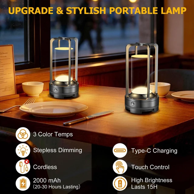 Alt view image 3 of 7 - PortableTable Lamp Rechargeable Lamp with 3 Color Stepless Dimming | Outdoor Wireless Cordless Metal Battery Operated LED Lamps for Bedroom Restaurant Bar Coffee Shop Camping Black