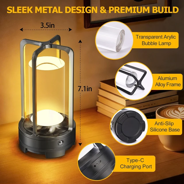 Alt view image 4 of 7 - PortableTable Lamp Rechargeable Lamp with 3 Color Stepless Dimming | Outdoor Wireless Cordless Metal Battery Operated LED Lamps for Bedroom Restaurant Bar Coffee Shop Camping Black