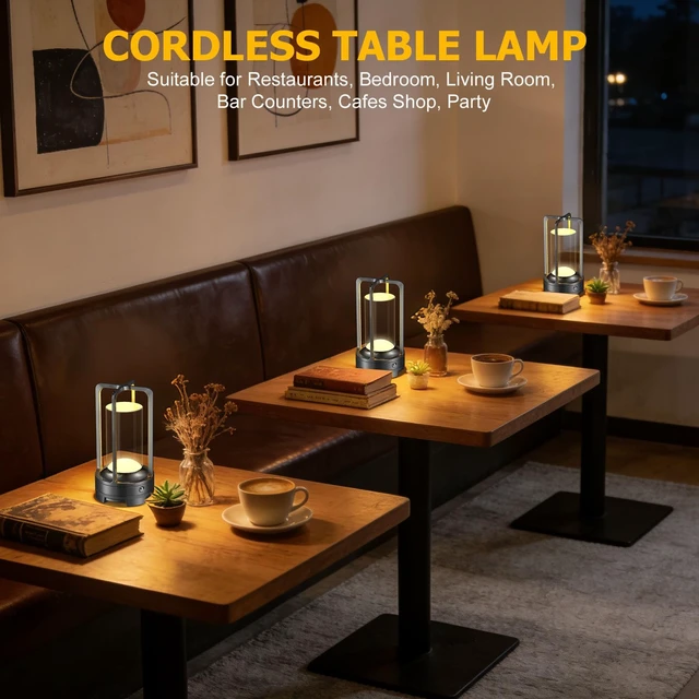 Alt view image 6 of 7 - PortableTable Lamp Rechargeable Lamp with 3 Color Stepless Dimming | Outdoor Wireless Cordless Metal Battery Operated LED Lamps for Bedroom Restaurant Bar Coffee Shop Camping Black