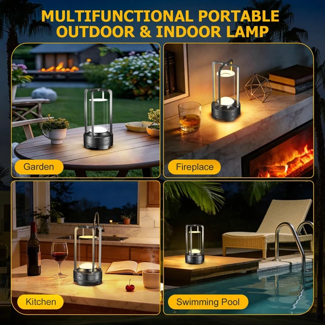 Alt view image 7 of 7 - PortableTable Lamp Rechargeable Lamp with 3 Color Stepless Dimming | Outdoor Wireless Cordless Metal Battery Operated LED Lamps for Bedroom Restaurant Bar Coffee Shop Camping Black