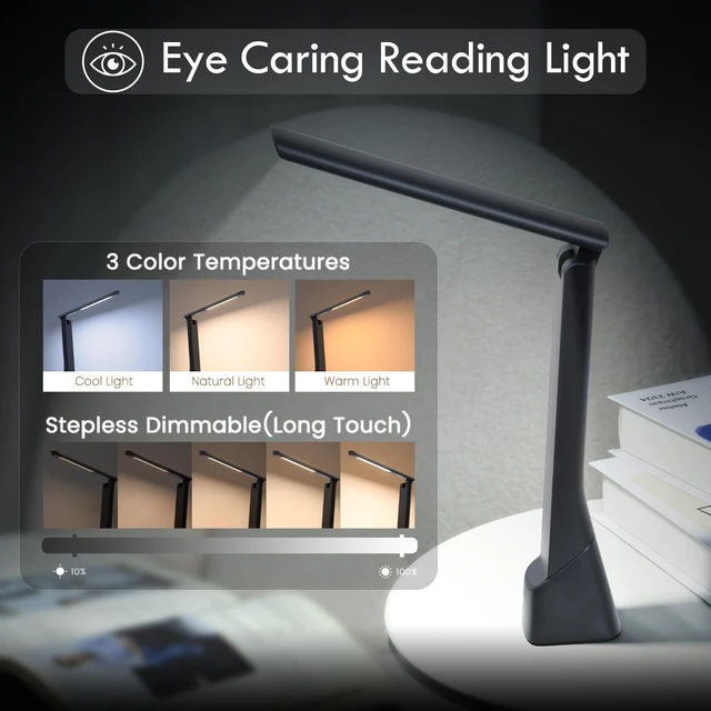 Alt view image 3 of 6 - Rechargeable LED Desk Lamp with Torch Light for Office Home,Cordless Battery Operated Table Lamp with 3 Colors Dimmble Stepless,Eye-Caring Desk Light,Touch Control Lamp for Camping Reading Study