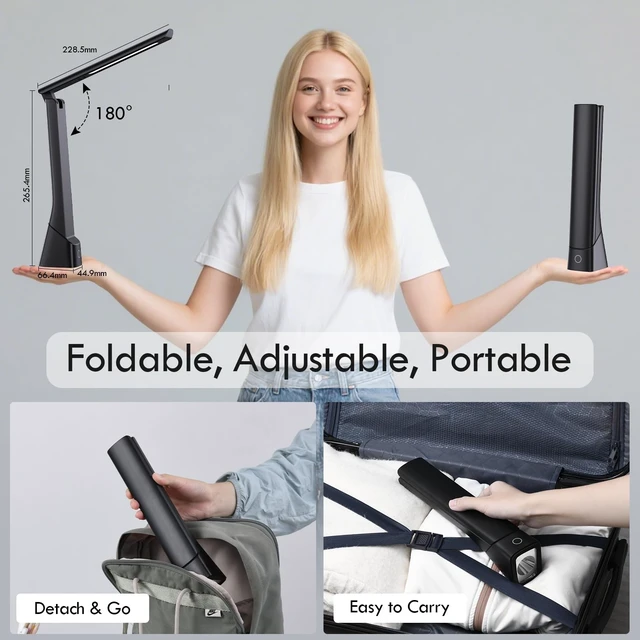 Alt view image 6 of 6 - Rechargeable LED Desk Lamp with Torch Light for Office Home,Cordless Battery Operated Table Lamp with 3 Colors Dimmble Stepless,Eye-Caring Desk Light,Touch Control Lamp for Camping Reading Study