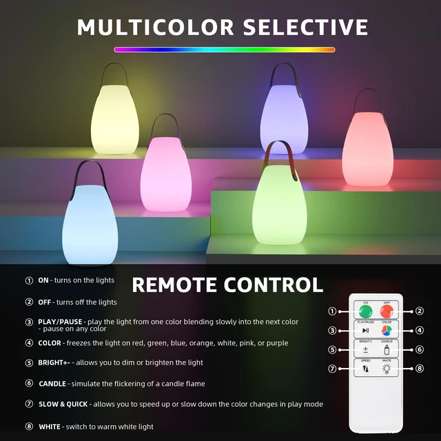 Alt view image 2 of 7 - Rechargeable Portable Table Lamp with Remote | Cordless RGB Lantern Decorative LED Night Light, IP44 Waterproof Indoor Outdoor Lamp for Bedroom Patio Garden Wedding Party