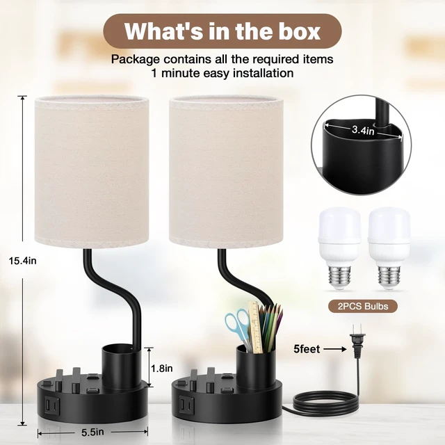 Alt view image 6 of 7 - Bedside Lamps for Bedroom Set of 2 - Table Desk Lamp for Nightstand | 15" Table Lamp for Living Room with Pen Holder & Phone Stand, USB A+C Port, AC Outlet, 3 Color Temperature, LED Bulb Included