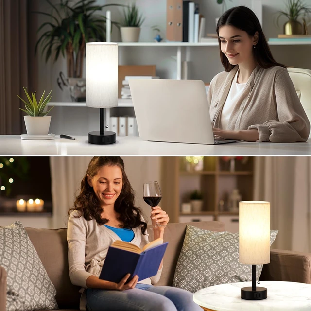 Alt view image 6 of 7 - Bedside Table Lamps Set of 2 - Small Nightstand Lamp for Bedroom | AC Outlet, Pull Chain, 3 Color Temperatures (3000K/4000K/5000K), 2 LED Bulbs Included, 2Pack 14" Round Desk Lamps for Dorm