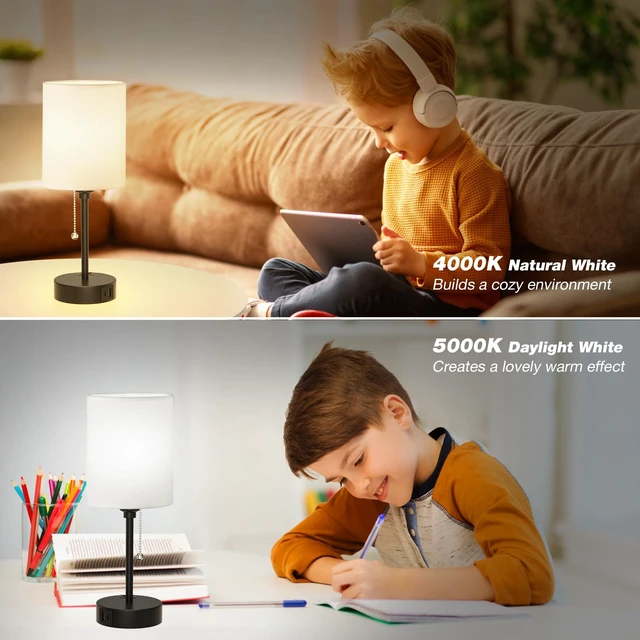 Alt view image 5 of 7 - Bedside Table Lamp for Bedroom - Small Desk Lamp with USB Ports | USB A+C Ports, AC Outlet, 3 Color Temperatures, LED Bulb Included, White Fabric Shade, Black Metal Base, 14" Nightstand lamp