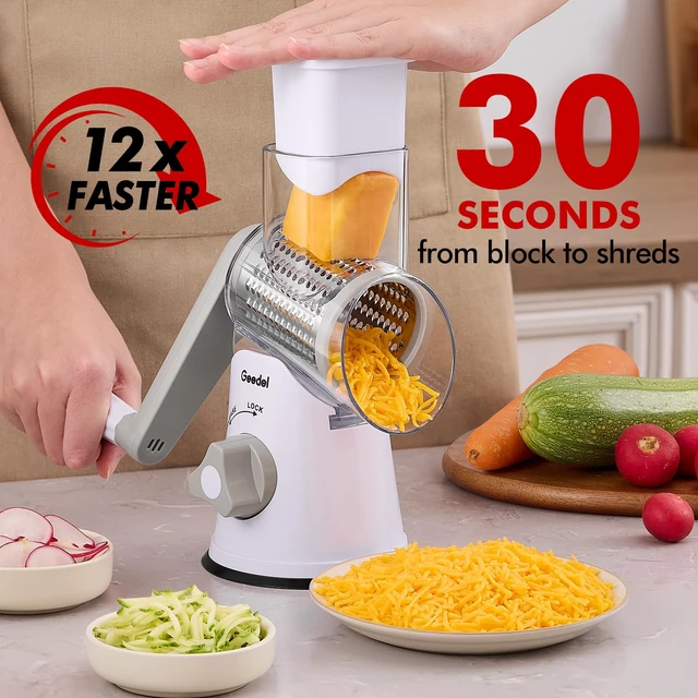 Alt view image 2 of 7 - Rotary Cheese Grater Hand Crank, Cheese Shredder Vegetable Slicer | 3 Blades, 430 Stainless Steel, 12x Fast Cutting, Strong Suction Base, No BPA, Dishwasher Safe, for Cheese, Veggie, Nut