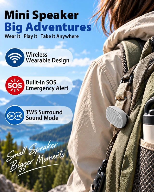 Alt view image 2 of 7 - Wearable Bluetooth Speaker with Clip, Mini, SOS Alert, Grey Portable IPX5 Water-Resistant Audio with Mic for Hands-Free Calls and TWS Stereo for Jobsite, Running, Hiking and