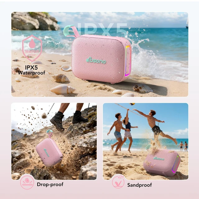 Alt view image 6 of 7 - Portable Bluetooth Speaker Line-in Support: IPX5 Waterproof, Pink | Up to 24H Playtime, HD Sound, TWS Pairing, LED Light, Outdoor Speaker for Beach, Pool, Travel, School Supplies for Adult Teen